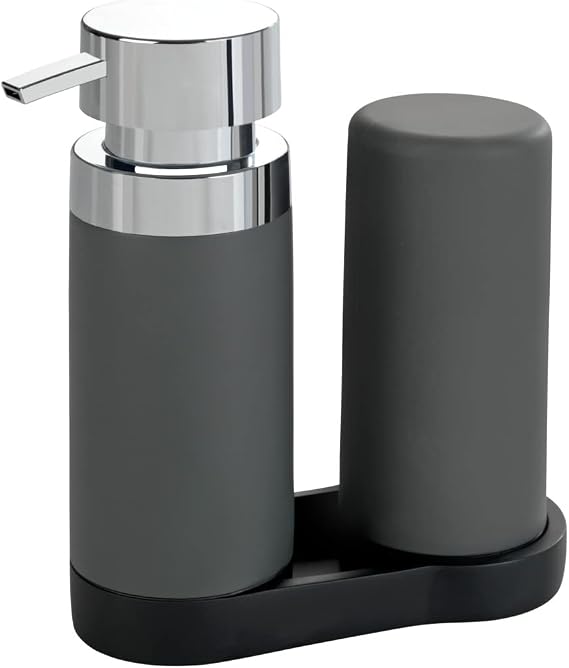 WENKO Dish Soap Dispenser for Kitchen Sink, Squeeze Bottle for Washing Up Liquid and Hand Lotion, Round Refillable Plastic Bottles, Easy to Fill and to Use, Each 8.5 Oz, Gray