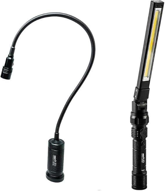 Portable Mechanic's Lighting Combo: NT-7544 Heavy Duty Work Light & Flexible Shaft Magnetic LED Flashlight and Pickup Tool