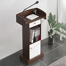 Lectern Podium Commercial Pulpit Podiums, Brown & White Lecture Stand, Including 2 Storage and Drawer and Door, for School Teacher Business Conference
