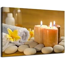 HPUXSYIO Canvas Print Wall Art Lit Spa Candle Trio with Stones & Yellow Blossoms Photography Realism Chic Wall Decor for Living Room, Bedroom, Office (Framed - Ready to Hang,24x36inch)