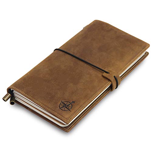 WANDERINGS Regular Size Travelers Notebook with Pockets - 4.5x8.5  11.5cm x 22cm - Refillable Travelers Journal - Beautifully Handcrafted, Rugged Leather Journal, includes 100 GSM Blank Inserts