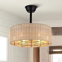 Boho Ceiling Fan with Light and Remote Control, 18'' Caged Fandelier Ceiling Fan with Light, Rattan Chandelier with 6 Speeds for Bedroom, Study Room, Living Room