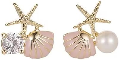 MALOYANVE Starfish Pearl Stud Earrings Cute Boho Asymmetric Small Ocean Shell with Glitter Cubic Zirconia Lightweight Statement Earrings Summer Beach Theme Vacation Jewelry Gifts for Women
