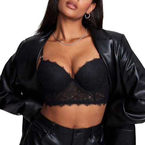 DOBREVA Womens Lace Bralette Corset Bra Longline Bustier Padded Full Coverage Underwire Top