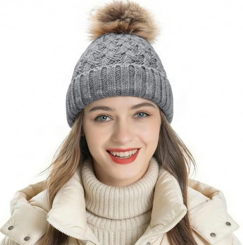 ZLYC Womens Knitted Beanie with Faux Fur Pom Pom Thick Fleece Lined Warm Winter Hat Snow Cap