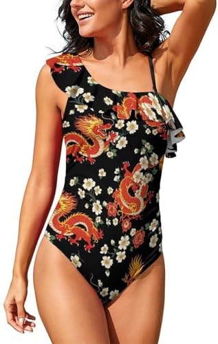 One Shoulder One Piece Swimsuit for Women, Full Coverage Bathing Suit Beach Slimming Swimwear