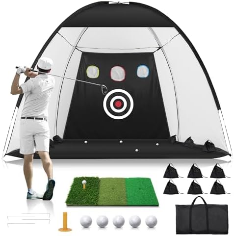 Golf Net: 10x7FT Nylon Golf Practice Net for Backyard Driving, Chipping, IndoorOutdoor Golf Hitting Net Upgraded High Elastic Nylon Mesh with Tri-Turf GLF Mat and Targets, Gift for Men, Golf Lovers