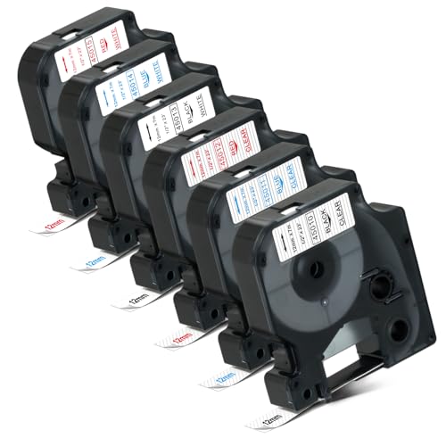 6 Pack Compatible Dymo Label Maker Refills, Replace for 12 Dymo D1 Label Tape 45013 45010 45016 45017 45018 45019 Label Maker Tape for DYMO LabelManager 160 280 PnP 360D 210D 420P Label Maker