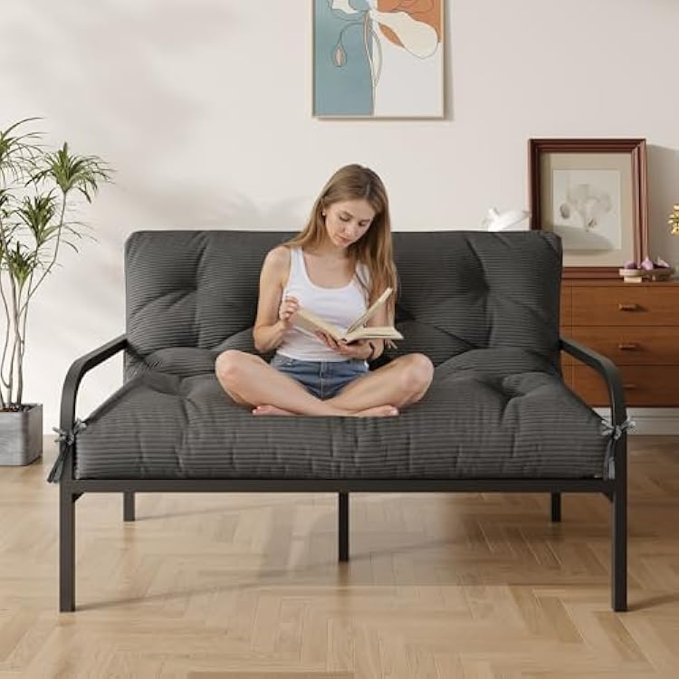 Furnify 6 Futon Mattress Queen Size, Futons Sofa Couch Bed with Straps, Thick Corduroy Fabric Floor Mattress for Adults, Foldable Mattress with Shredded Foam Filling Frame Not Included, Grey
