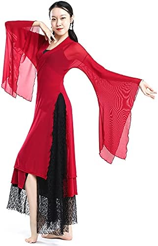 Womens Sheer Flowy Hanfu Top Flared Sleeve Wrap Front Side Split See Through Long Robe Chinese Classical Dance Wear