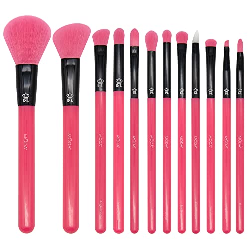 MODA Neon Pink Makeup Brush Set 12pc Face & Eye Brush Kit with Soft Vegan Filaments Blending, Contouring, Highlighting Cruelty-Free, Bold Neon Design