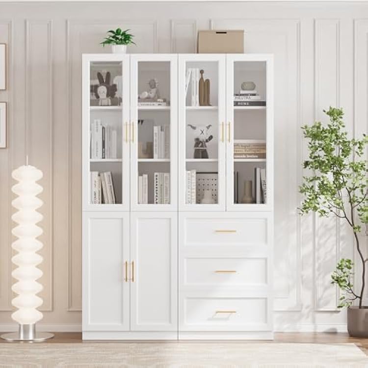 VOWNER Bookcase with Glass Doors & Drawers, 5 Tier Bookshelf with Adjustable Shelf, Modern Large Storage Display Cabinet Set for Home Office, Living Room, White AB
