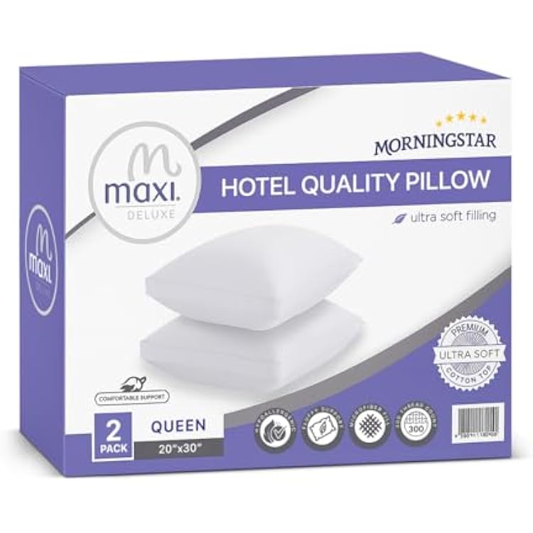 Maxi Deluxe Queen Size Bed Pillow Ultra Soft & Comfortable Versatile for Side, Back & Stomach Sleepers 300TC Cotton Top 2 Pack Queen Size Pillow is 20 x 30