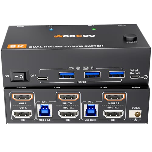 Dual Monitor KVM Switch 8K@60Hz 4K@120Hz HDMI USB 3.0 KVM Switch Extended Display 2 Monitors 2 Computers KVM Switches with USB 3.0 Cables Wired Controller