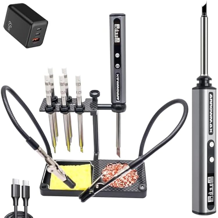 AM ARROWMAX L1 Plus Soldering Iron Kit, PD 65W Power Programmable Smart Mini Electric Soldering Pen, 100-500F Fast Heating, 6Pcs T65 Soldering Tips, Digital OLED Screen Display, Alu Stand, Auto Sleep