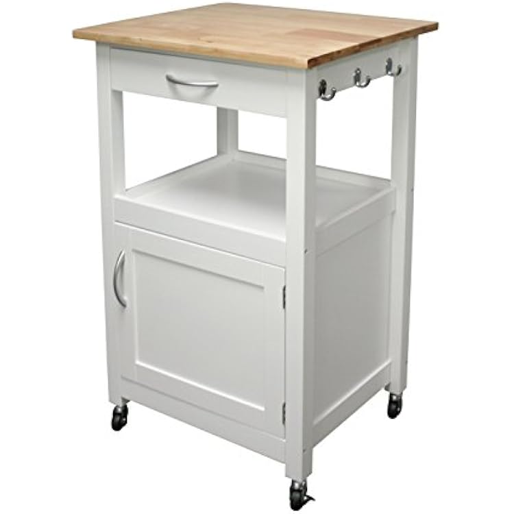 eHemco Kitchen Island Cart on Wheels with Drawer, Storage Cabinet, Shelf and Natural Solid Hardwood Top, White Base