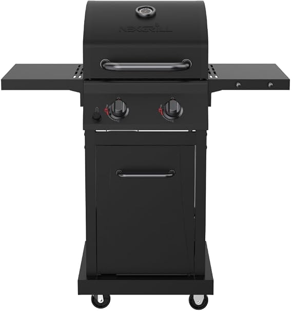 Nexgrill Deluxe 2 Burner Gas Grill, Foldable Shelves with Warming Rack | Offers 28000 BTUs, Built-In Thermometer, Electronic Ignition, 401 Sq In Cooking Space, Steel Frame, Enclosed Storage