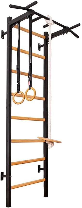 221B+A076 Wallbars, Stall Bars, Swedish Ladder, Gymnastic Ladder with Fixed Steel 6-Grip Pull Up Bar, Gymnastic Rings, Rope and Swing, Wall Mounted for Suspension and Strength Training