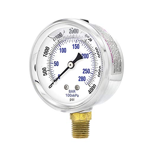 Liquid Filled Lower Mount Pressure Gauge with 2.5 Dial, 0-4000 PSI, 14 Male NPT Connection, Stainless Steel CASE and Bezel 1