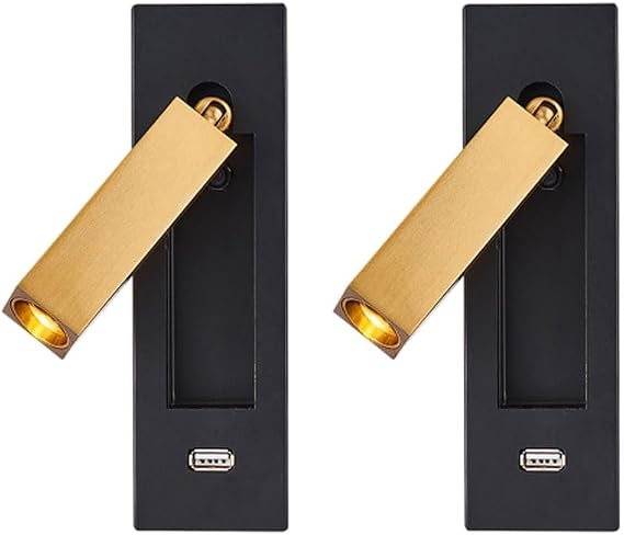 Black LED Wall Mount Reading Light, 2 Pack Adjustable Bedside Wall Lamp with Hidden Switch Charging Port, 3W 3000K Headboard Reading Spot Light Antique Brass Aluminum Rectangle Sconce