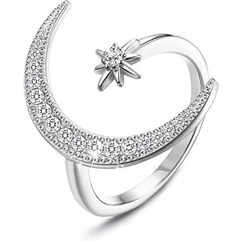 MILACOLATO Sterling Silver Moon Rings for women Adjustable Platinum Plated 5A Cubic Zirconia Crescent Moon Star Rings