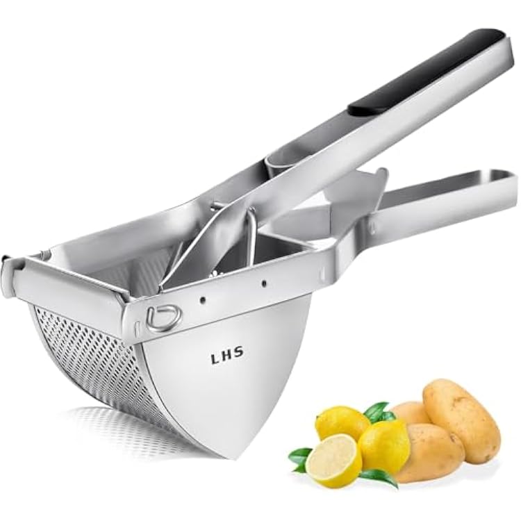 LHS Stainless Steel Potato Ricer and Masher, Heavy Duty Commercial Food Masher, Ergonomic Comfort Grip, Extra Large Capacity, Dishwasher Safe Black