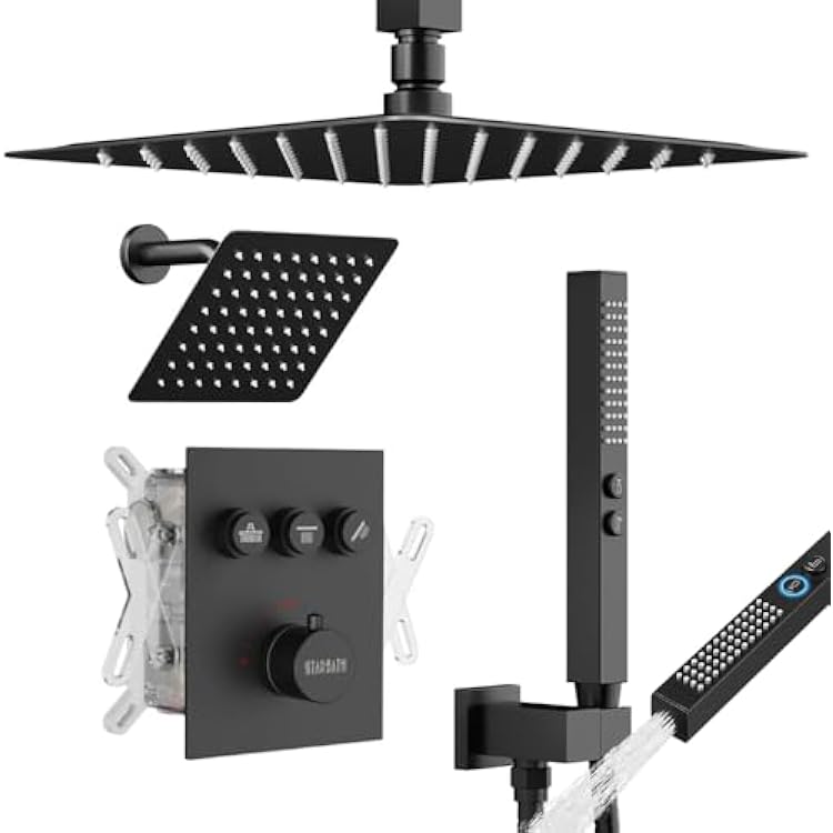 Thermostatic Shower System Matte Black Push Button Shower Faucet Set,12 Ceiling Rainfall and 6 Wall Mount Rain Shower with 2 in 1 Handhled, Can Use All at Once, Shower Set with Valve and Trim Kit
