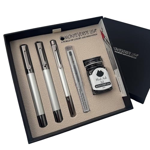 Monteverde Ritma 32 Piece Gift Set, Silver - Includes Medium Nib Fountain Pen, Rollerball, Ballpoint, 30ml Ink & Refill - Premium Writing Set for Writers & Collectors