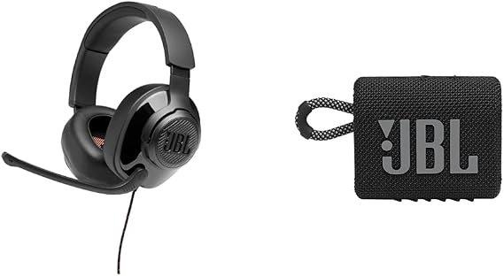 JBL Quantum 200 Gaming Headphones Go 3 Portable Speaker Bundle - Wired Over-Ear Headset for Immersive Game Audio and Bluetooth Speaker for Bold Sound