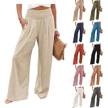 Womens Linen Palazzo Pants Wide Leg Baggy High Waisted Long Lounge Pants Casual Boho Trousers Beach Vacation Clothes