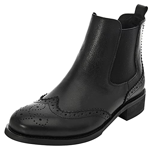 rismart Womens Brogue Wingtip Ankle High Slip on Comfort Genuine Leather Chelsea Boots