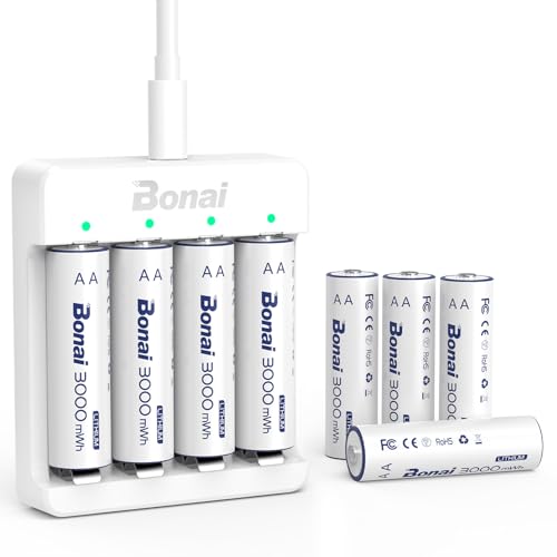 BONAI Rechargeable Lithium AA Batteries with Charger, 3000mWh 1.5V AA Batteries for Blink Camera 8 Count with 2H Fast Charge- Blue