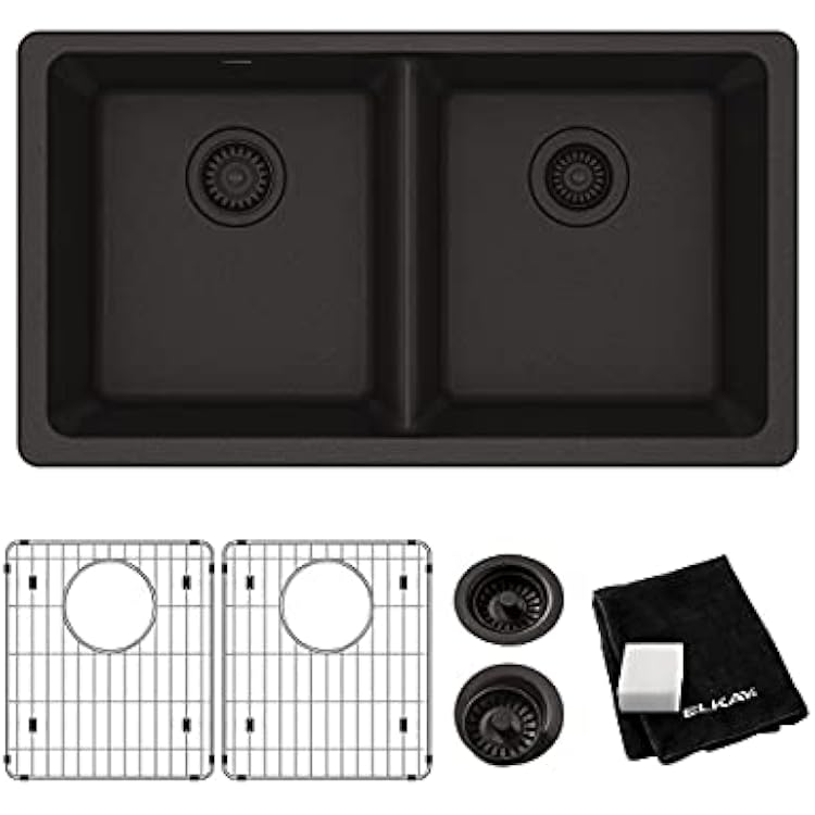 Elkay Quartz Classic ELGU3322BK0C 33 x 18-12 x 9-12, Equal Double Bowl Undermount Sink Kit, Black