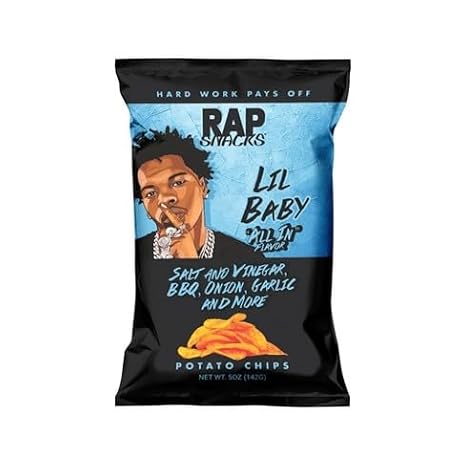 Rap Snacks Flavored Potato Chips and Popcorn Featuring Hip-Hop Stars (Pack Size Options: 6, 12, 24) (Lil Baby All In Potato Chips (12 Pack))