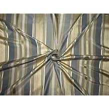 Puresilks 100% Silk Taffeta Stripes Beige Gold,Blue and Cream Stripe Fabric 54" TAFS164[3] by The Yard