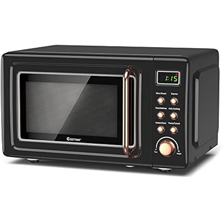 Retro Countertop Microwave Oven, Large 0.7Cu.ft, 700-Watt, Cold Rolled Steel Countertop with Time Setting, Glass Turntable Plate, Pre-Programmed Cooking Settings, LED Display, Child Lock Rose Gold