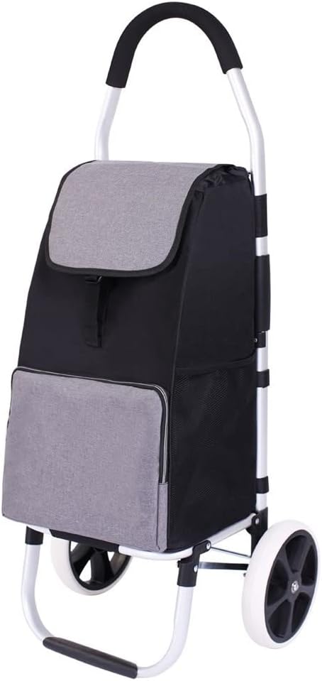Foldable Shopping Cart 2 Wheels 104 cm Handle Height Utility Cart Oxford Trolley Bag for Groceries (Gray and Black)