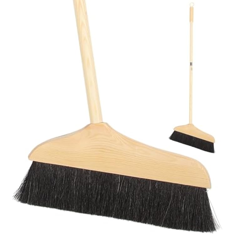 Mikikit Horsehair Broom with Long Handle Soft Pine Bristles Anti-Static Home Broom for Hardwood Floors Carpets Indoor Cleaning