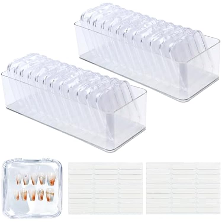 24 Pcs Press on Nail Case, Press on Nail Boxes, Press on Nail Packaging, Nail Box with 2 Large Storage Boxes and 5Pcs Double Sided Tape, Nail Organizers and Storage Transparent, 3.3x3.3in