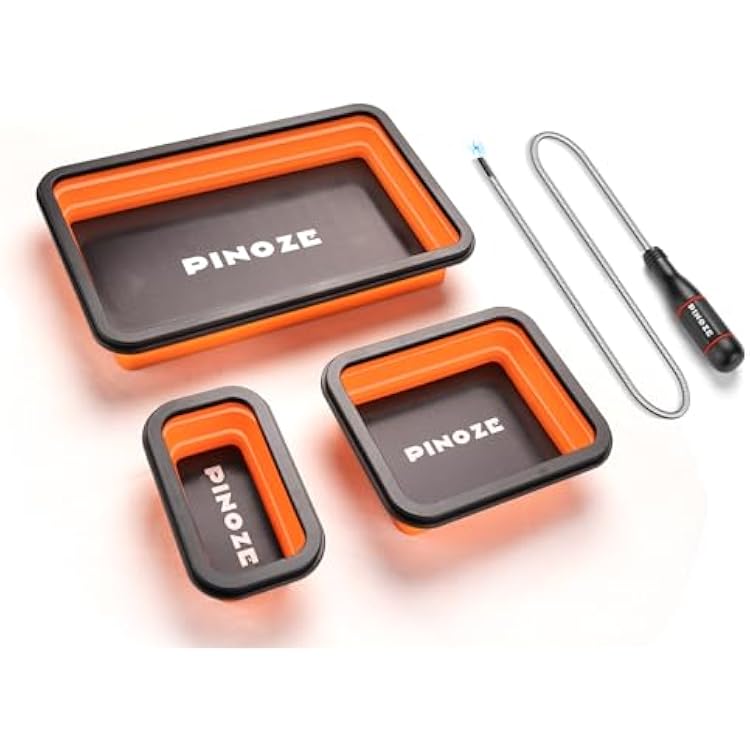 Collapsible Magnetic Parts Organizer Trays & 12 Flexible Magnetic Pickup Tool, 3 Different Size Magnet Tool Trays & Pick-Up Sweeper for Screw, Bolts, Nuts, Washers, Pins and Other Metal Parts