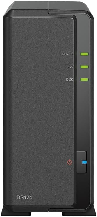 Synology DiskStation DS124 NAS Server with RTD1619B 4-Core 1.7GHz CPU, 1GB Memory, 8TB HDD Storage, 1 x 1GbE LAN Port, DSM Operating System