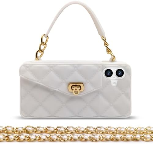 Omio Compatible with iPhone 16 Wallet Case with Card Holder Luxury Chain Case with Long Pearl Shoulder Crossbody Lanyard Wrist Strap Soft Silicone Handbag Cover for iPhone 16 Women Girls, White