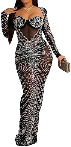 WOKANSE Womens Sexy Club Long Sleeve Rhinestone Zip Mesh Bodycon See Through Maxi Dress