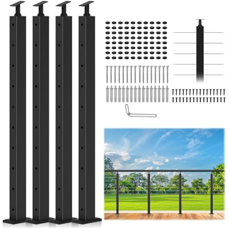 4 Pack Black Cable Railing Post 36 Inch, Stainless Steel T304 Level Drilled Railing Line Posts for Deck Railing Kit System, Heavy-Duty Handrail Wire Rail Post for Indoor Outdoor Deck Balcony