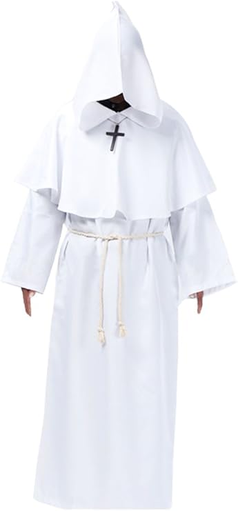 Medieval Priest Monk Robe Hooded Cloak Wizard Sorcerer Cape (Medium,White Robe)