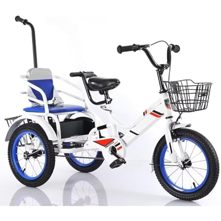 Pedal Tricycle for Kids,Outdoor Cruiser Bikes with Passenger seat,3 Wheel Bicycle with Front and Rear Basket,Rickshaw Bike,Toddler Tricycle with pushrod,Single Brake, Blue-18inch