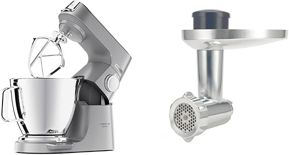 Kenwood Titanium Chef Baker XL, Kitchen Machine with K-Whisk, Stand Mixer with Kneading Hook, Whisk and 6,7L Bowl, KVL85.004SI Power 1400W, Silver & KAX950ME Food Mincer Attachment
