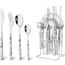 24piece Silverware Set with Hanging Holder, Stainless Steel Tableware Set With Cutlery Storage Rack, Decent Gift Box For Housewarming, Party, Dining - White Silver, set of 6