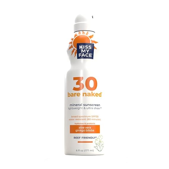 Kiss My Face Bare Naked Mineral Sunscreen - Reef-Friendly, Water-Resistant SPF 30 - 6 oz Spray Can (Pack of 1)