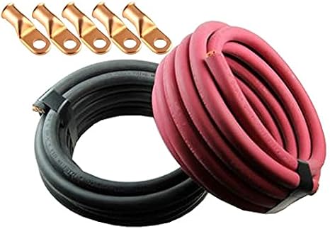 Crimp Supply Ultra-Flexible Car Battery/Welding Cable - 2/0 Gauge, (100 Feet Red/100 Feet Black) - and 5 Copper Lugs